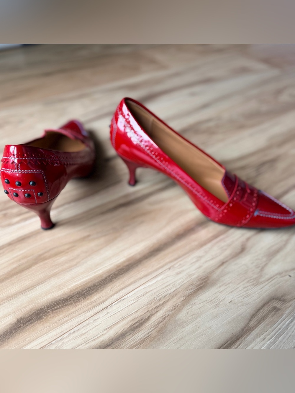 Tod's Red Patent Leather Pointed Penny Loafers w/ Kitten Heal S- 38 1/2 - 8 1/2 - Picture 3 of 11